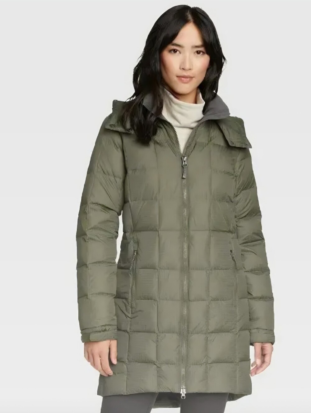 Eddie Bauer Altamira Olive Green Down Quilted Puffer Down Long Coat Hooded EUC S